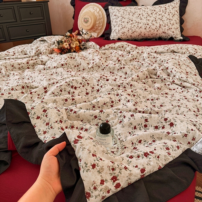 91家纺网 家纺一手货源 找家纺  2026直播爆款韩版赫本风花边款水洗双层纱夏被四件套【有买家秀加V】蔷薇岛