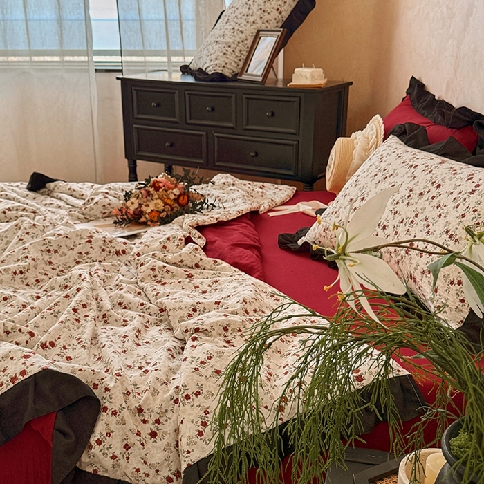 91家纺网 家纺一手货源 找家纺  2026直播爆款韩版赫本风花边款水洗双层纱夏被四件套【有买家秀加V】蔷薇岛