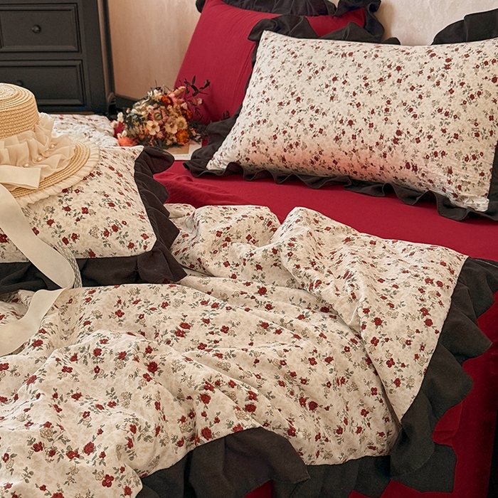 91家纺网 家纺一手货源 找家纺  2026直播爆款韩版赫本风花边款水洗双层纱夏被四件套【有买家秀加V】蔷薇岛