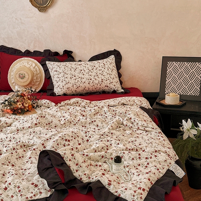 91家纺网 家纺一手货源 找家纺  2026直播爆款韩版赫本风花边款水洗双层纱夏被四件套【有买家秀加V】蔷薇岛