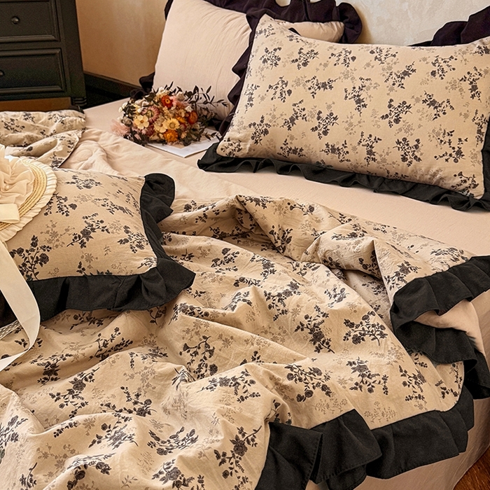 91家纺网 家纺一手货源 找家纺 2026直播爆款韩版赫本风花边款水洗双层纱夏被四件套【有买家秀加V】山奈