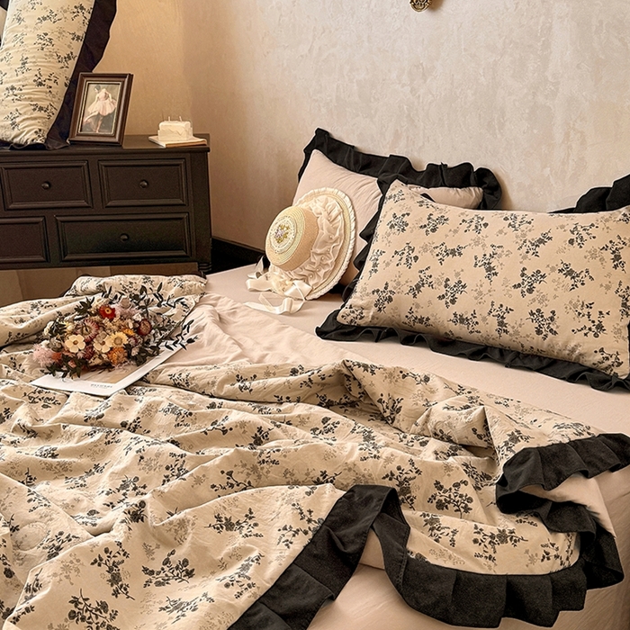 91家纺网 家纺一手货源 找家纺 2026直播爆款韩版赫本风花边款水洗双层纱夏被四件套【有买家秀加V】山奈
