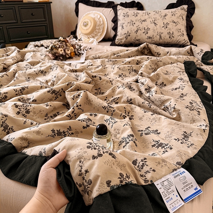 91家纺网 家纺一手货源 找家纺 2026直播爆款韩版赫本风花边款水洗双层纱夏被四件套【有买家秀加V】山奈