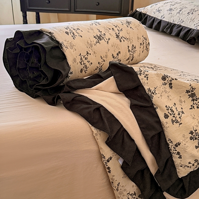 91家纺网 家纺一手货源 找家纺 2026直播爆款韩版赫本风花边款水洗双层纱夏被四件套【有买家秀加V】山奈