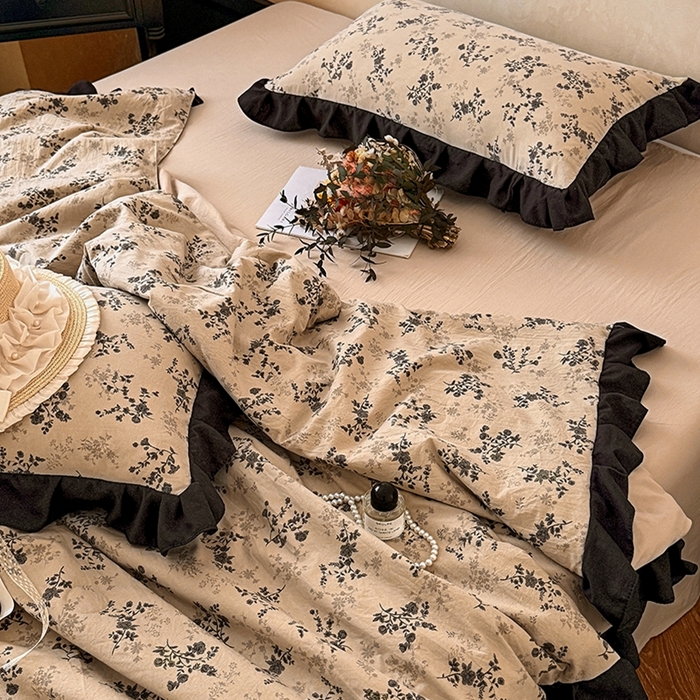 91家纺网 家纺一手货源 找家纺 2026直播爆款韩版赫本风花边款水洗双层纱夏被四件套【有买家秀加V】山奈