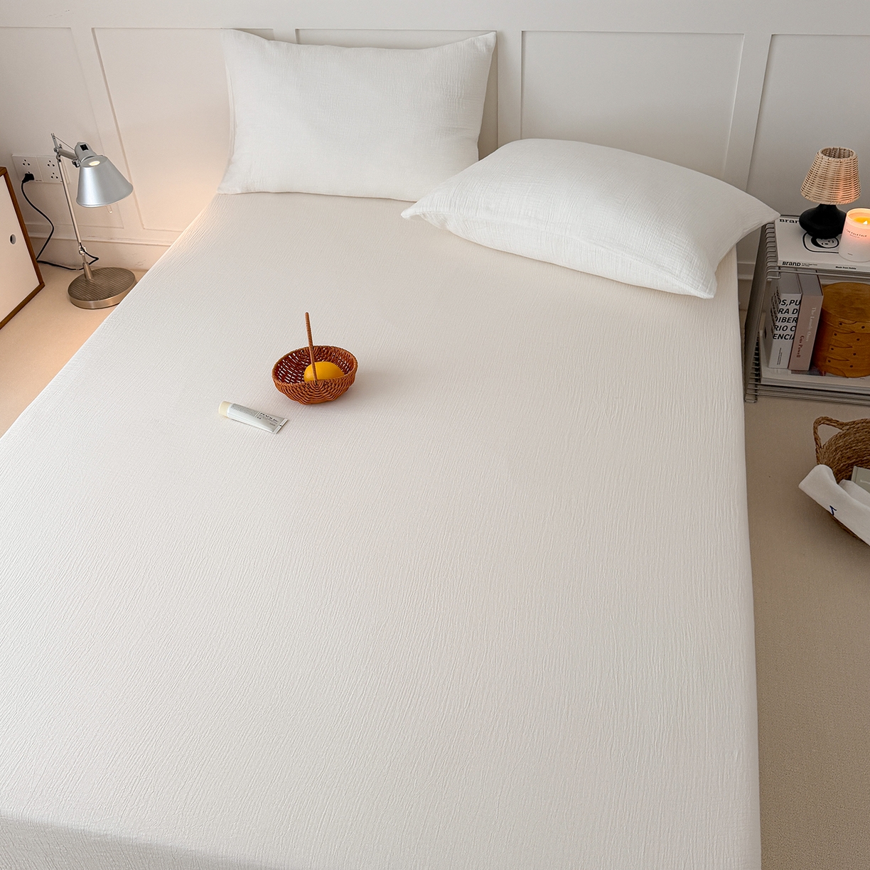 91家纺网 家纺一手货源 找家纺 玖弘家居 2026新款糖果印花色系皱皱纱单品床单系列 月白