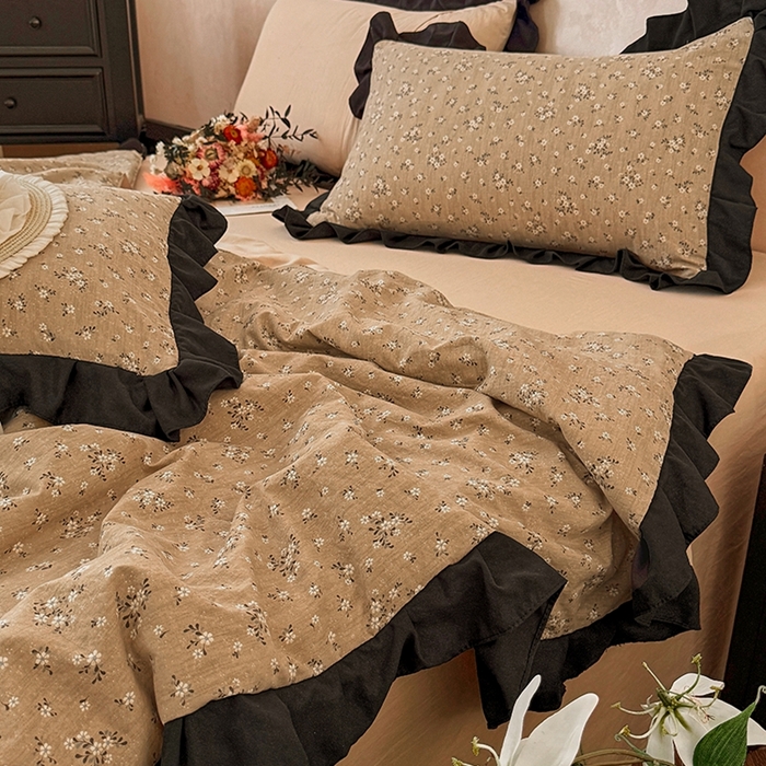 91家纺网 家纺一手货源 找家纺 2026直播爆款韩版赫本风花边款水洗双层纱夏被四件套【有买家秀加V】幸运