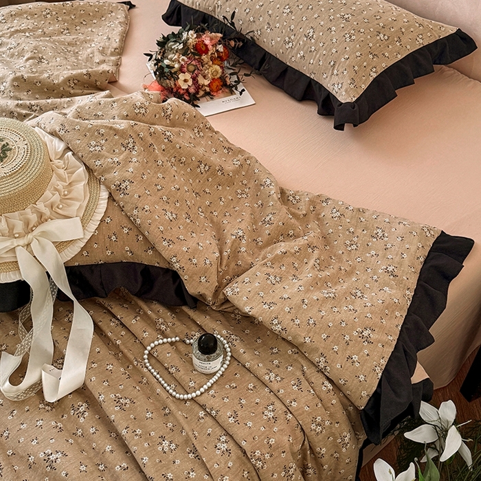 91家纺网 家纺一手货源 找家纺 2026直播爆款韩版赫本风花边款水洗双层纱夏被四件套【有买家秀加V】幸运