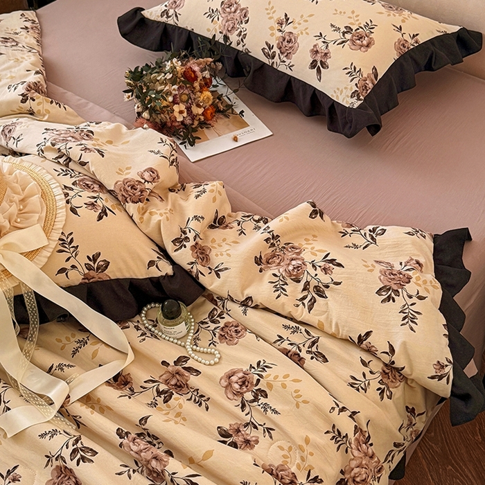 91家纺网 家纺一手货源 找家纺 2026直播爆款韩版赫本风花边款水洗双层纱夏被四件套【有买家秀加V】虞美人