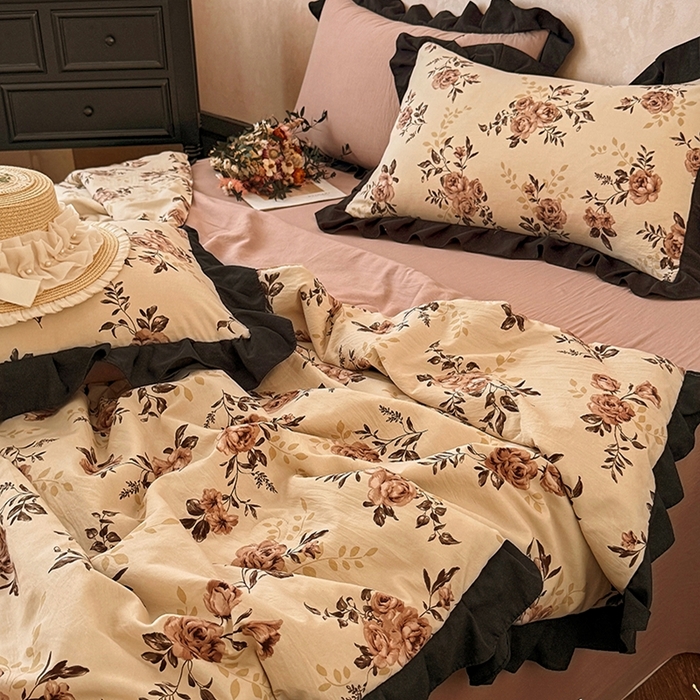 91家纺网 家纺一手货源 找家纺 2026直播爆款韩版赫本风花边款水洗双层纱夏被四件套【有买家秀加V】虞美人