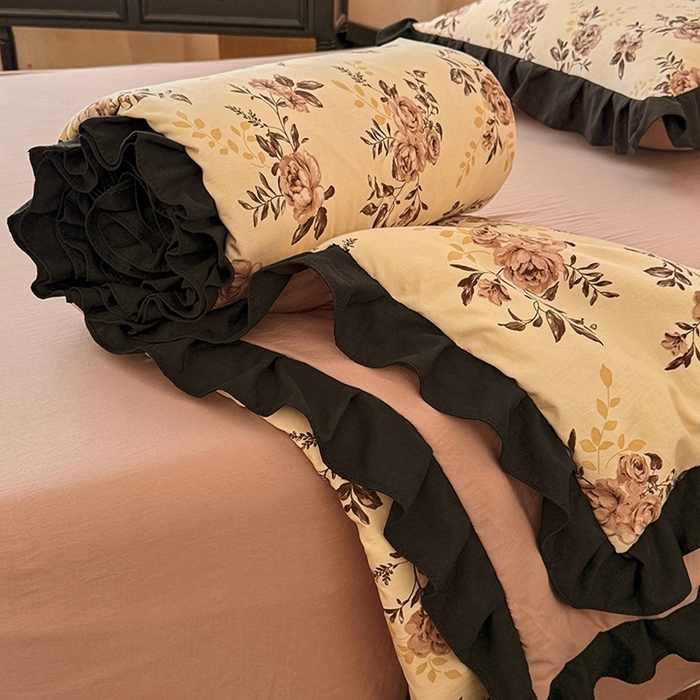 91家纺网 家纺一手货源 找家纺 2026直播爆款韩版赫本风花边款水洗双层纱夏被四件套【有买家秀加V】虞美人