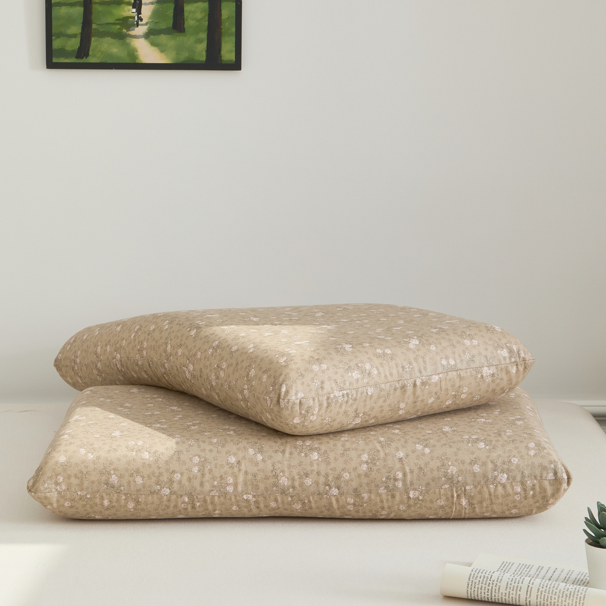 91家纺网 家纺一手货源 找家纺 百寐 2026新款全棉纯棉A类双层纱立体记忆深睡枕芯保护套42*70纯棉枕套 典雅茶韵