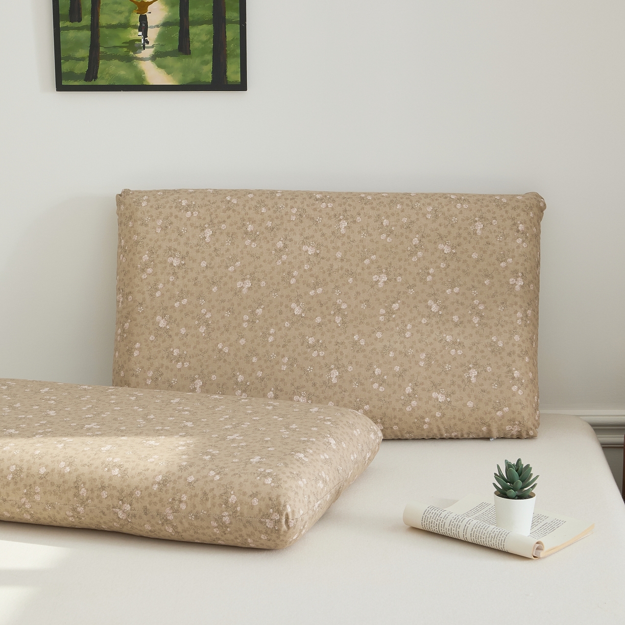 91家纺网 家纺一手货源 找家纺 百寐 2026新款全棉纯棉A类双层纱立体记忆深睡枕芯保护套42*70纯棉枕套 典雅茶韵