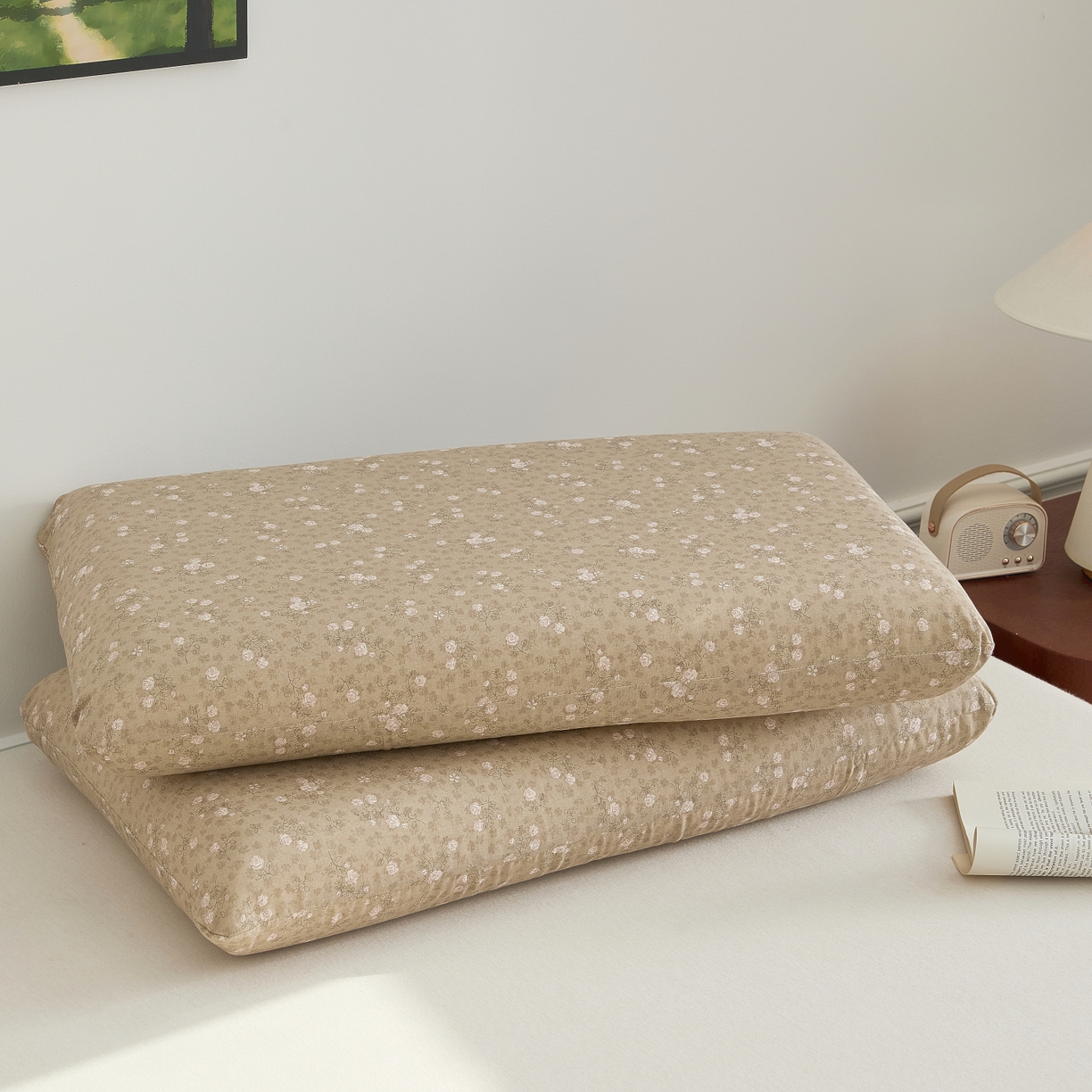 91家纺网 家纺一手货源 找家纺 百寐 2026新款全棉纯棉A类双层纱立体记忆深睡枕芯保护套42*70纯棉枕套 典雅茶韵