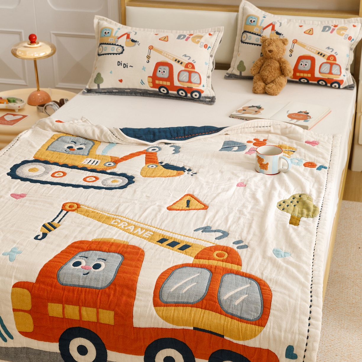 91家纺网 家纺一手货源 找家纺 悦然毛巾被 2026新款全棉纱布儿童泡泡被夏被盖毯  城市工程队