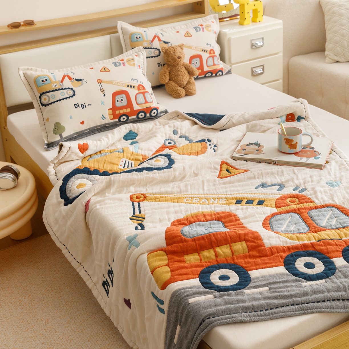 91家纺网 家纺一手货源 找家纺 悦然毛巾被 2026新款全棉纱布儿童泡泡被夏被盖毯  城市工程队