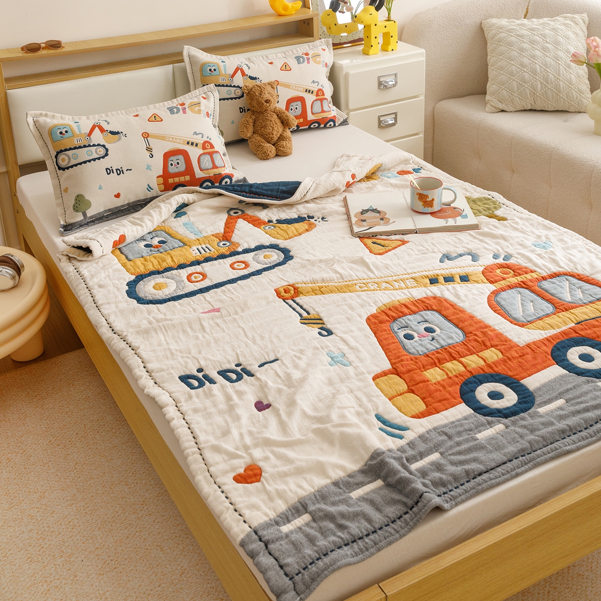 91家纺网 家纺一手货源 找家纺 悦然毛巾被 2026新款全棉纱布儿童泡泡被夏被盖毯  城市工程队