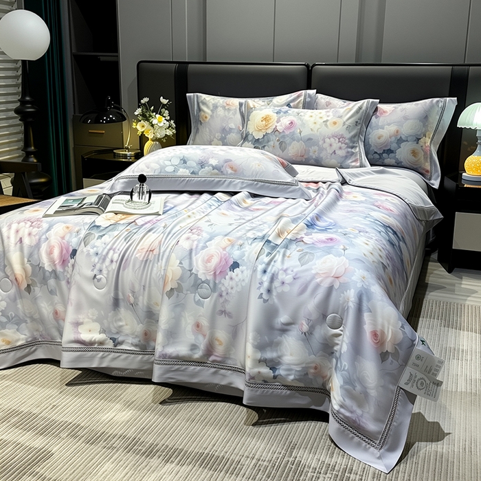 91家纺网 家纺一手货源 找家纺 欧夏家纺 2026新款兰精天丝数码印花镂空夏被空调被夏凉被薄被子可机洗 国色天香