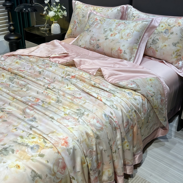 91家纺网 家纺一手货源 找家纺 欧夏家纺 2026新款兰精天丝数码印花镂空夏被空调被夏凉被薄被子可机洗 花期如梦