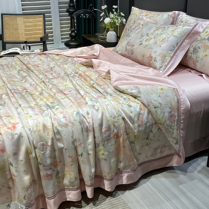 91家纺网 家纺一手货源 找家纺 欧夏家纺 2026新款兰精天丝数码印花镂空夏被空调被夏凉被薄被子可机洗 花期如梦