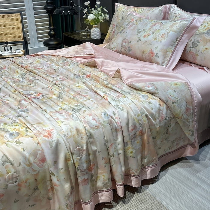 91家纺网 家纺一手货源 找家纺 欧夏家纺 2026新款兰精天丝数码印花镂空夏被空调被夏凉被薄被子可机洗 花期如梦