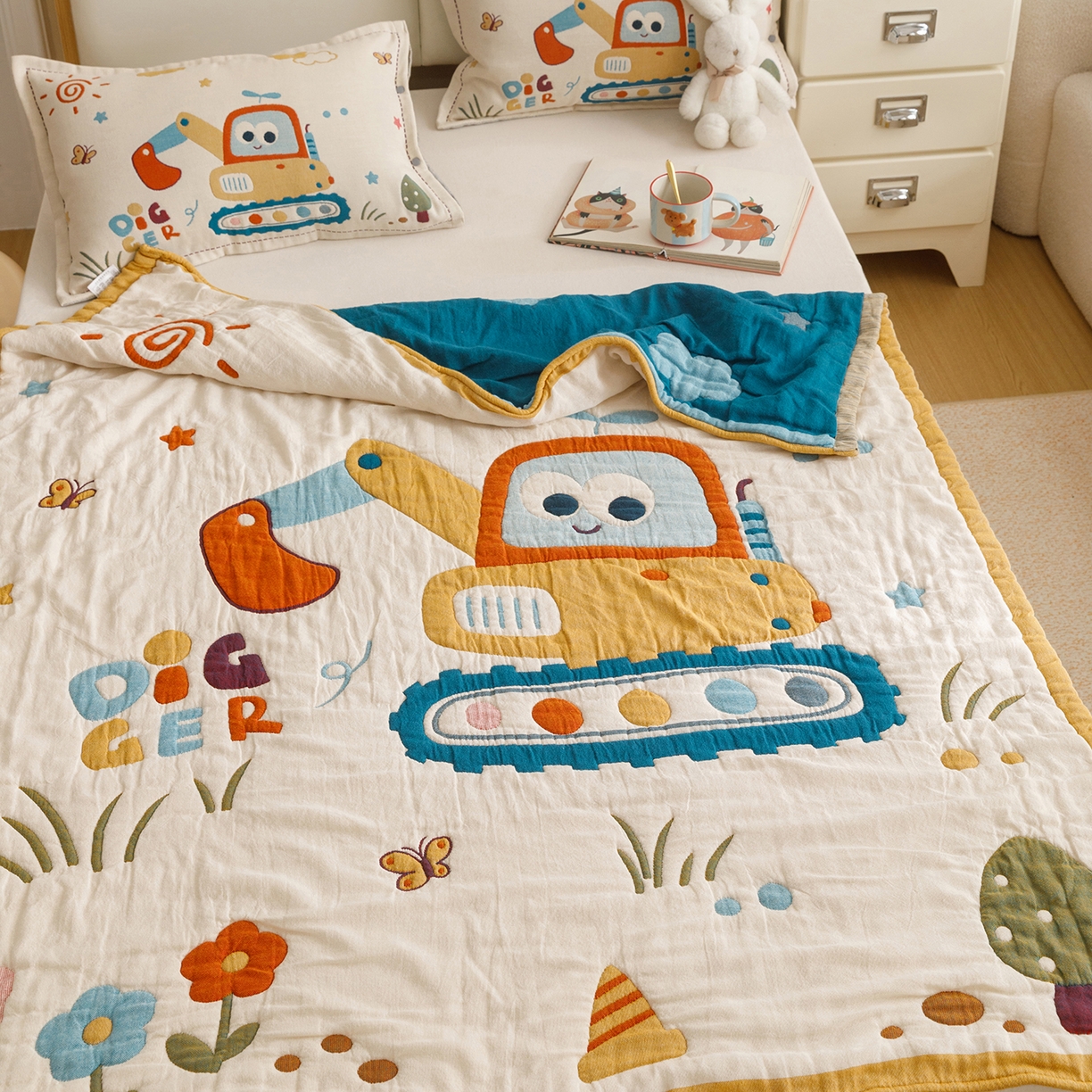 91家纺网 家纺一手货源 找家纺 悦然毛巾被 2026新款全棉纱布儿童泡泡被夏被盖毯  花园小园丁