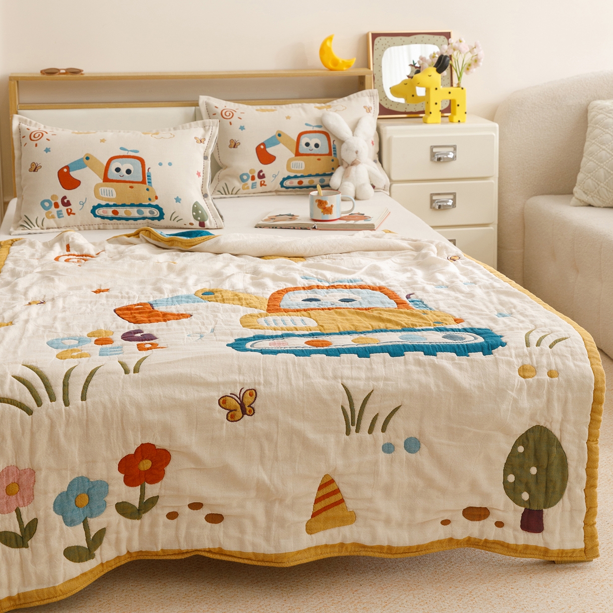 91家纺网 家纺一手货源 找家纺 悦然毛巾被 2026新款全棉纱布儿童泡泡被夏被盖毯  花园小园丁