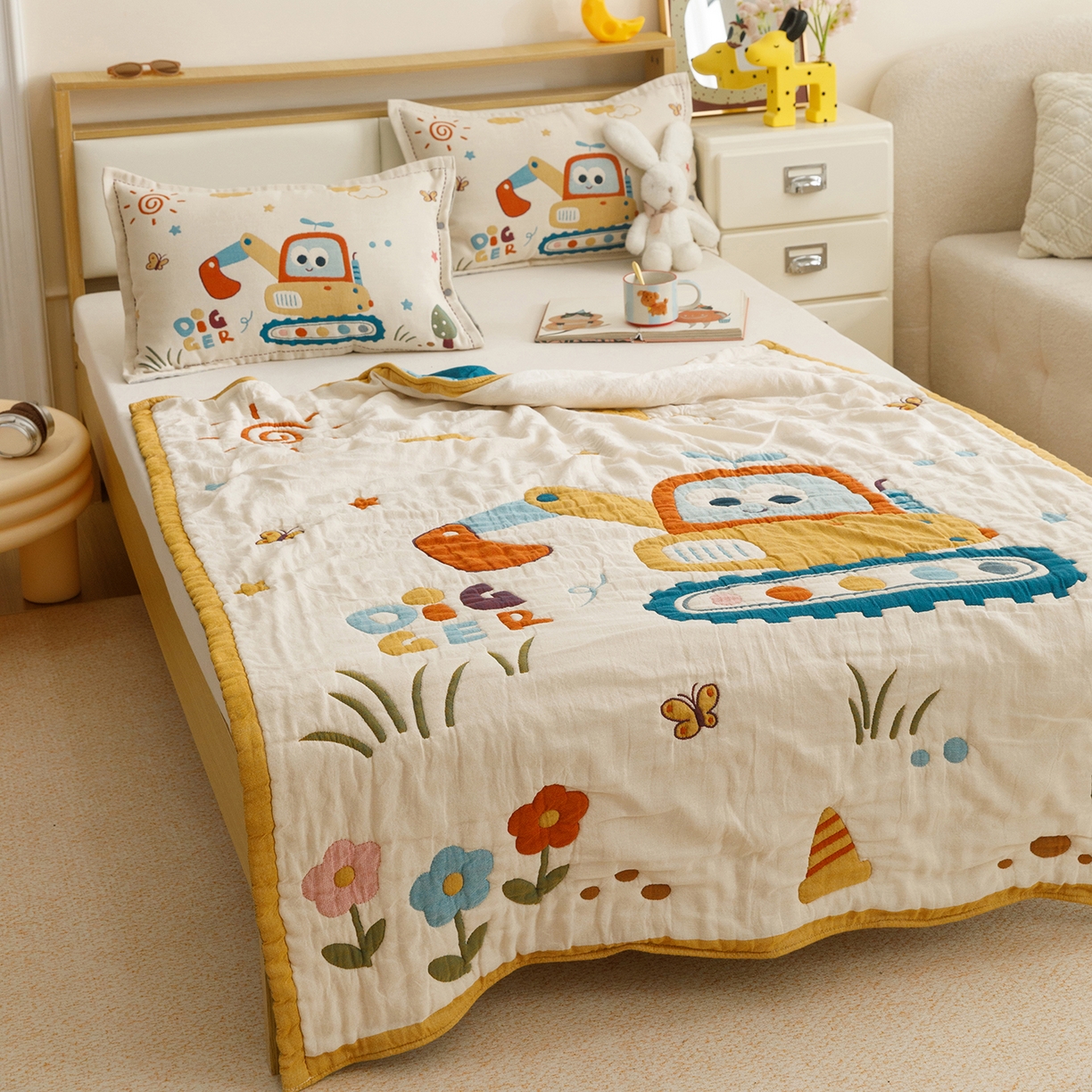 91家纺网 家纺一手货源 找家纺 悦然毛巾被 2026新款全棉纱布儿童泡泡被夏被盖毯  花园小园丁