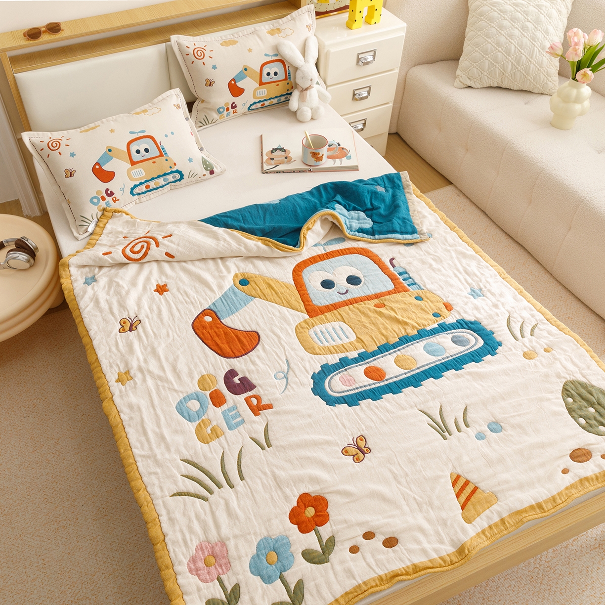 91家纺网 家纺一手货源 找家纺 悦然毛巾被 2026新款全棉纱布儿童泡泡被夏被盖毯  花园小园丁