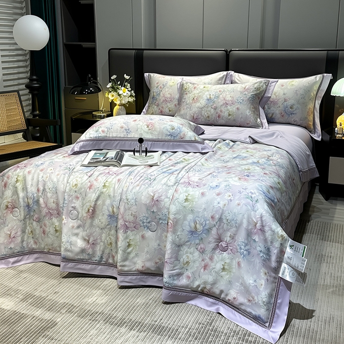 91家纺网 家纺一手货源 找家纺 欧夏家纺 2026新款兰精天丝数码印花镂空夏被空调被夏凉被薄被子可机洗 花期绽放