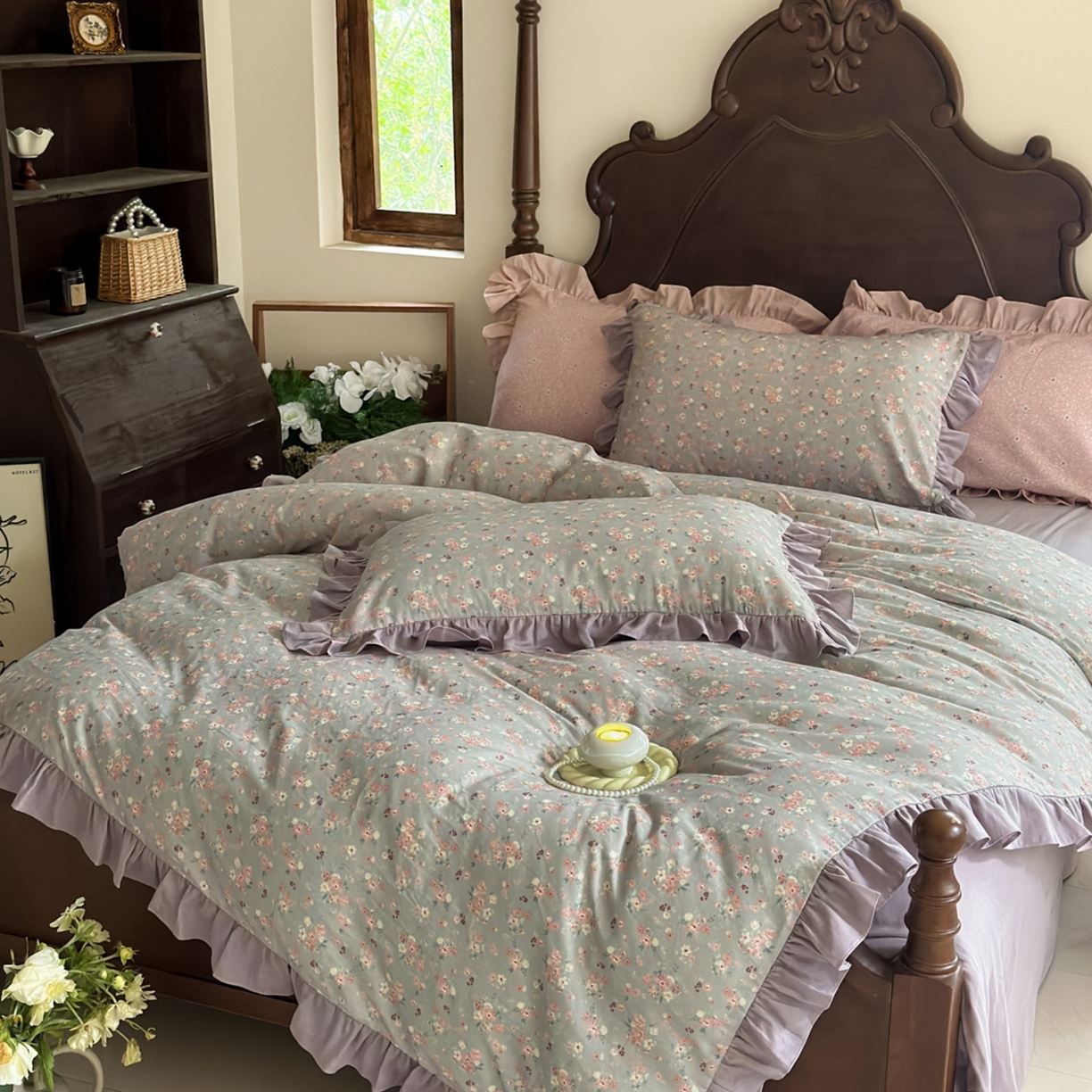 91家纺网 家纺一手货源 找家纺 （总）芯丝路枕业 2026新款印花双层纱木耳边款四件套