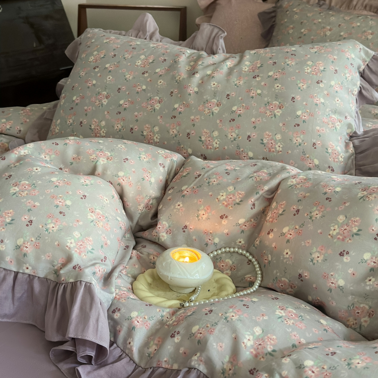 91家纺网 家纺一手货源 找家纺 （总）芯丝路枕业 2026新款印花双层纱木耳边款四件套