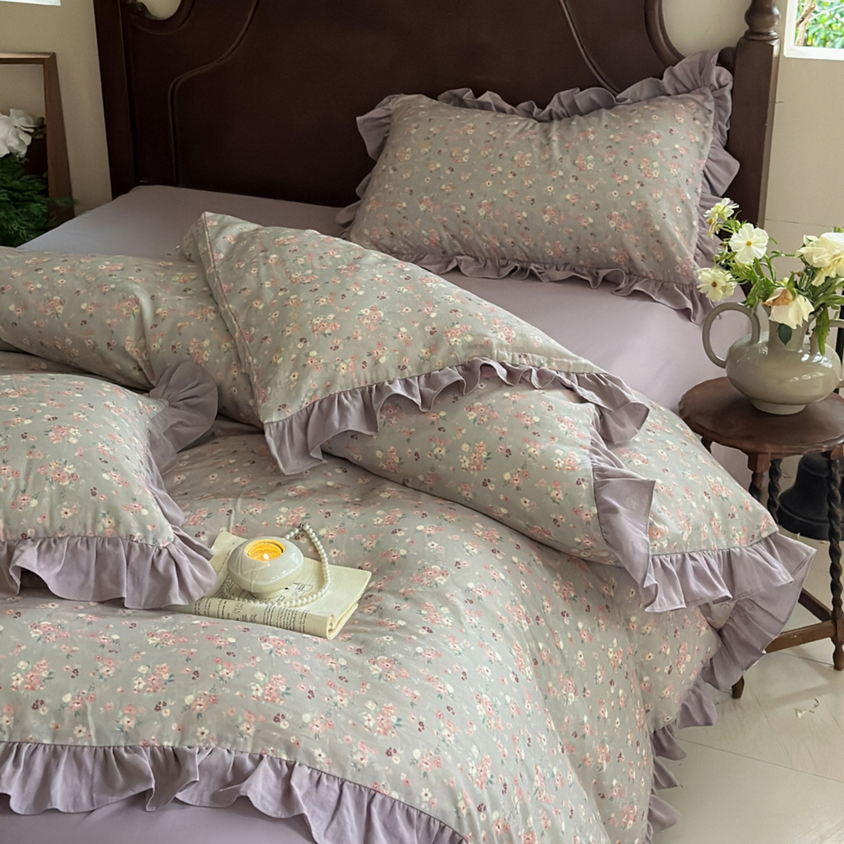 91家纺网 家纺一手货源 找家纺 （总）芯丝路枕业 2026新款印花双层纱木耳边款四件套