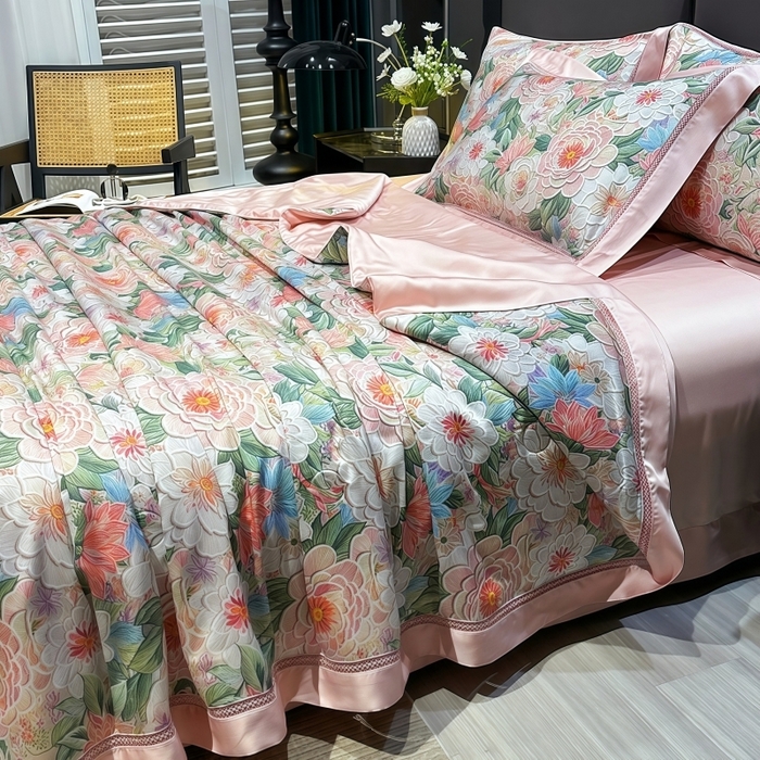 91家纺网 家纺一手货源 找家纺 欧夏家纺 2026新款兰精天丝数码印花镂空夏被空调被夏凉被薄被子可机洗 花溪