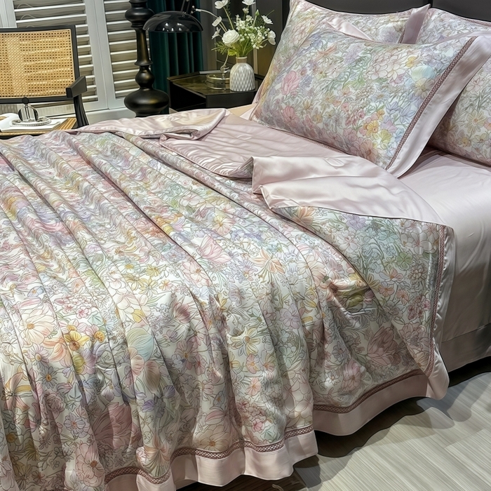 91家纺网 家纺一手货源 找家纺 欧夏家纺 2026新款兰精天丝数码印花镂空夏被空调被夏凉被薄被子可机洗 娇艳多姿