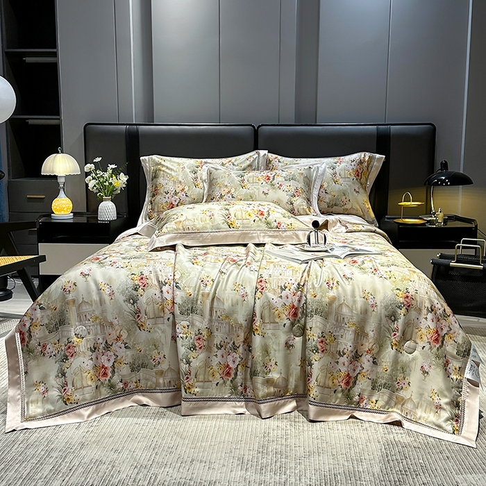 91家纺网 家纺一手货源 找家纺 欧夏家纺 2026新款兰精天丝数码印花镂空夏被空调被夏凉被薄被子可机洗 卡芙庄园-咖色