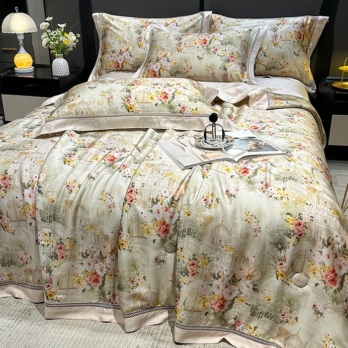 91家纺网 家纺一手货源 找家纺 欧夏家纺 2026新款兰精天丝数码印花镂空夏被空调被夏凉被薄被子可机洗 卡芙庄园-咖色