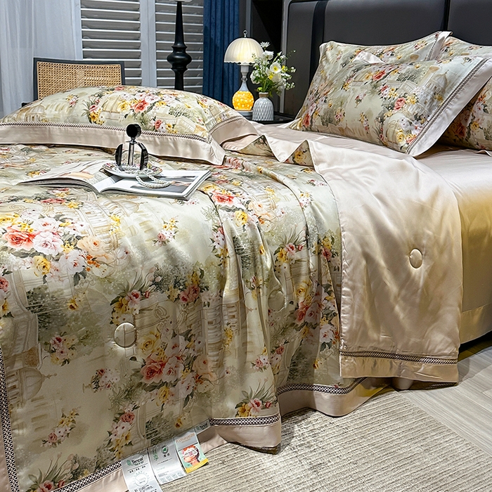 91家纺网 家纺一手货源 找家纺 欧夏家纺 2026新款兰精天丝数码印花镂空夏被空调被夏凉被薄被子可机洗 卡芙庄园-咖色