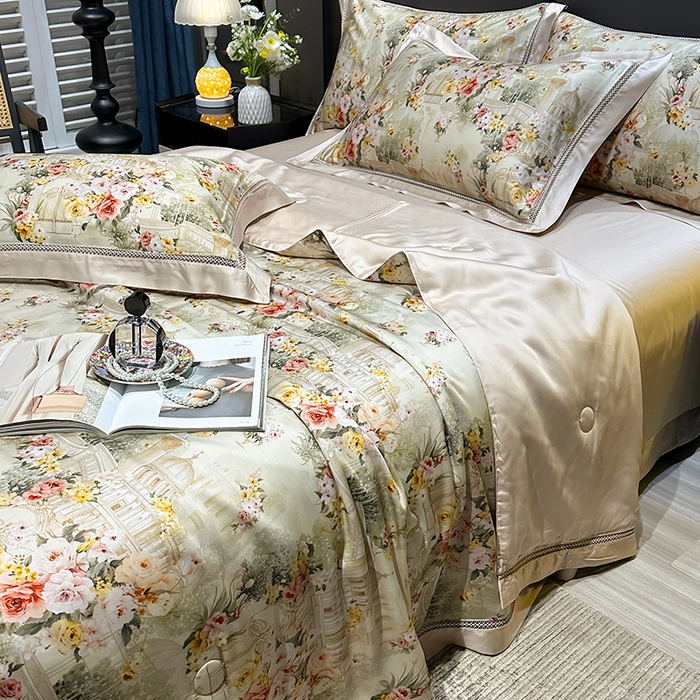 91家纺网 家纺一手货源 找家纺 欧夏家纺 2026新款兰精天丝数码印花镂空夏被空调被夏凉被薄被子可机洗 卡芙庄园-咖色