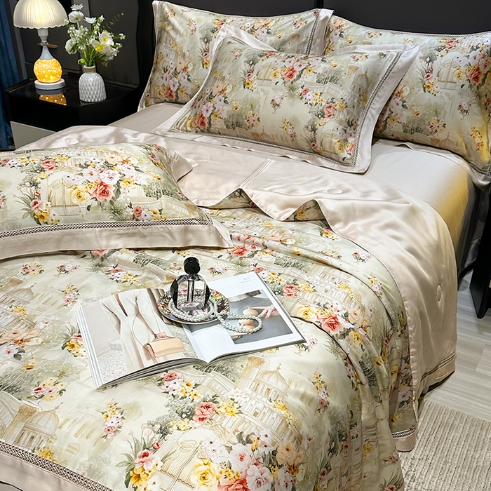 91家纺网 家纺一手货源 找家纺 欧夏家纺 2026新款兰精天丝数码印花镂空夏被空调被夏凉被薄被子可机洗 卡芙庄园-咖色