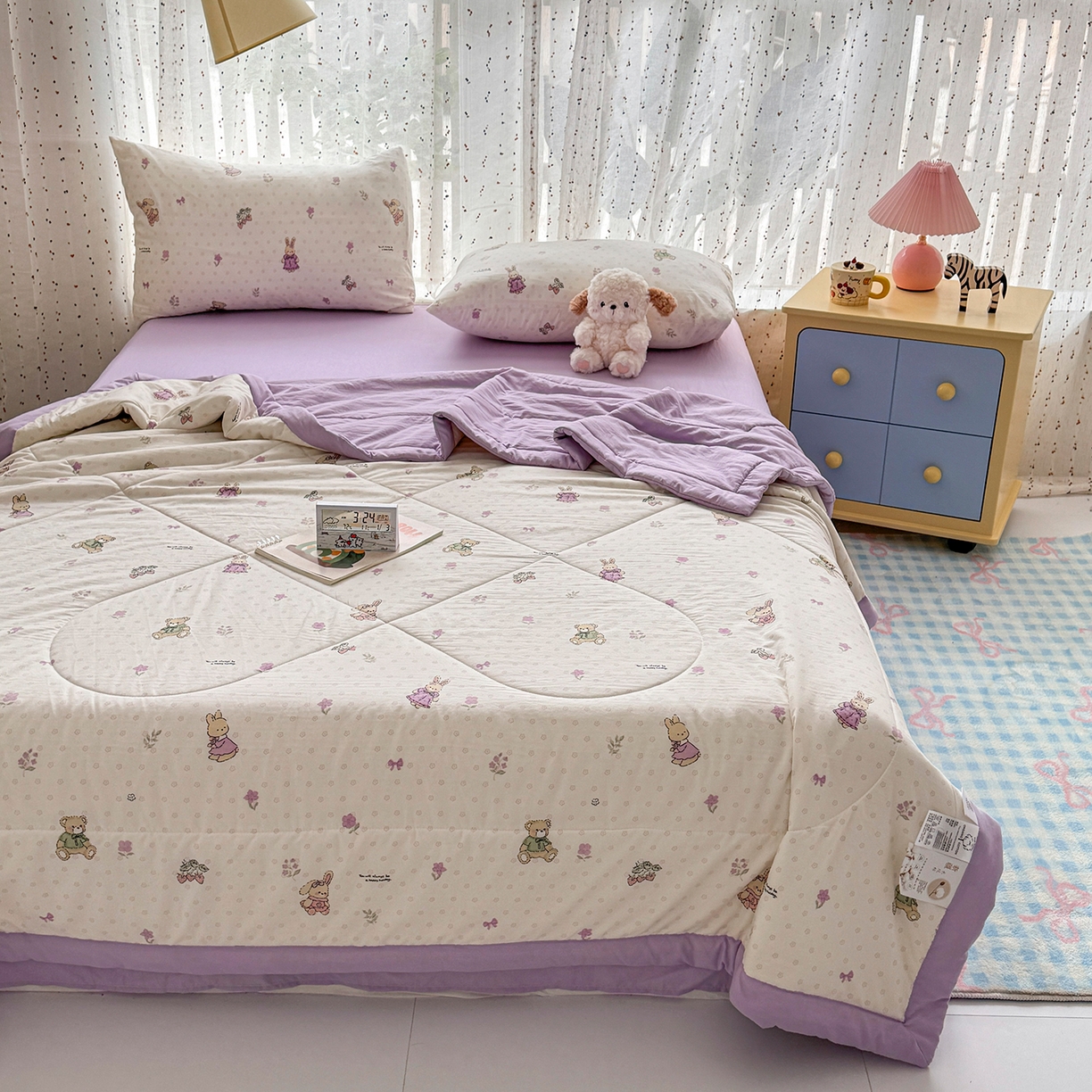 91家纺网 家纺一手货源 找家纺 尊妙被业 2026新款水洗棉棉花夏被100%新疆棉花填充包检测 萌兔小熊