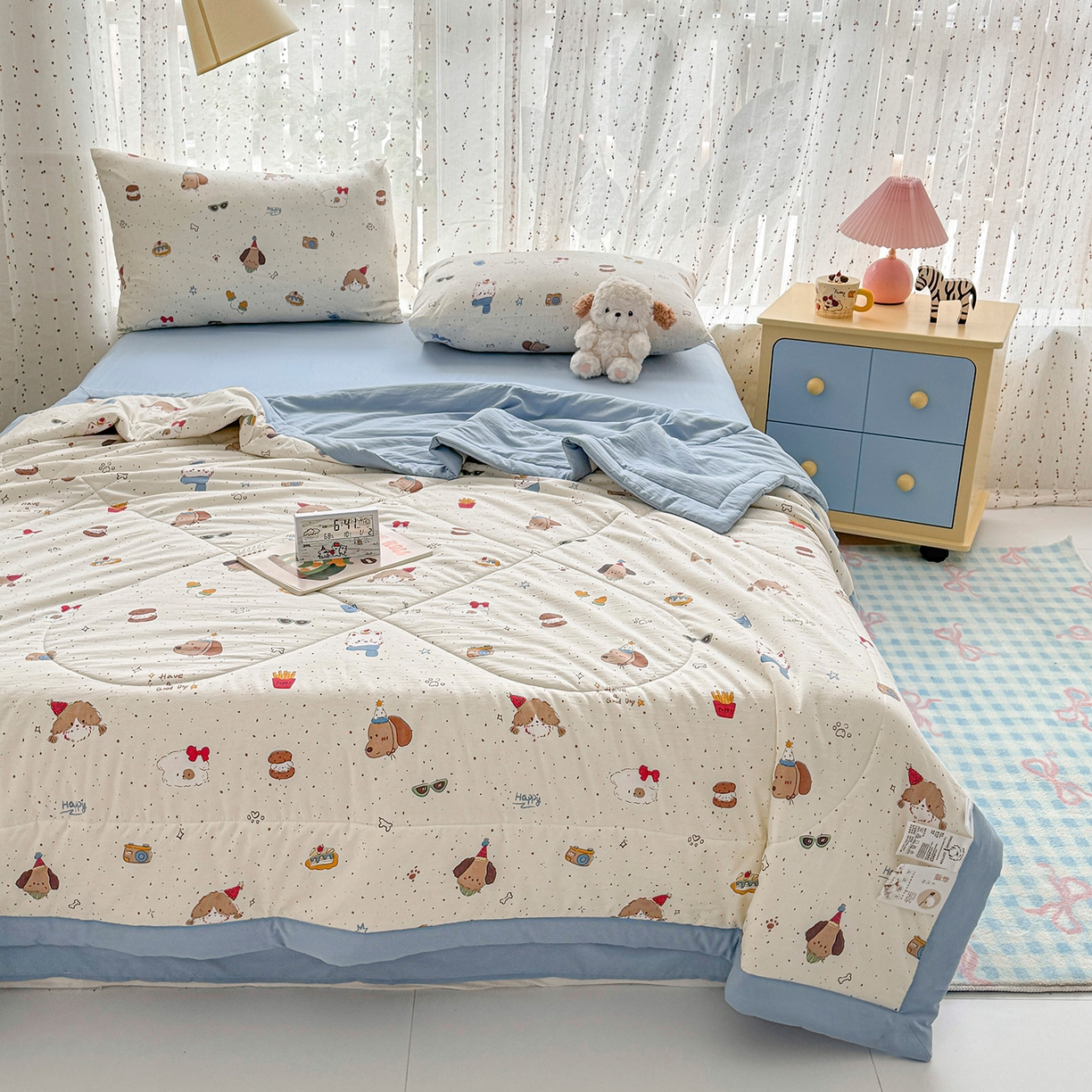 91家纺网 家纺一手货源 找家纺 尊妙被业 2026新款水洗棉棉花夏被100%新疆棉花填充包检测 萌趣小狗