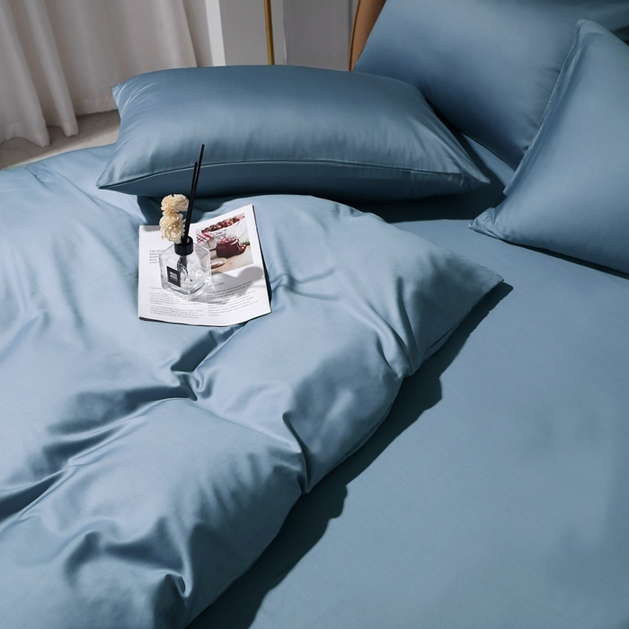 91家纺网 家纺一手货源 找家纺 晶缦家纺 2026新全棉A类纯棉100支贡缎长绒棉纯色多规格四件套-绮云系列 绮云-天青蓝