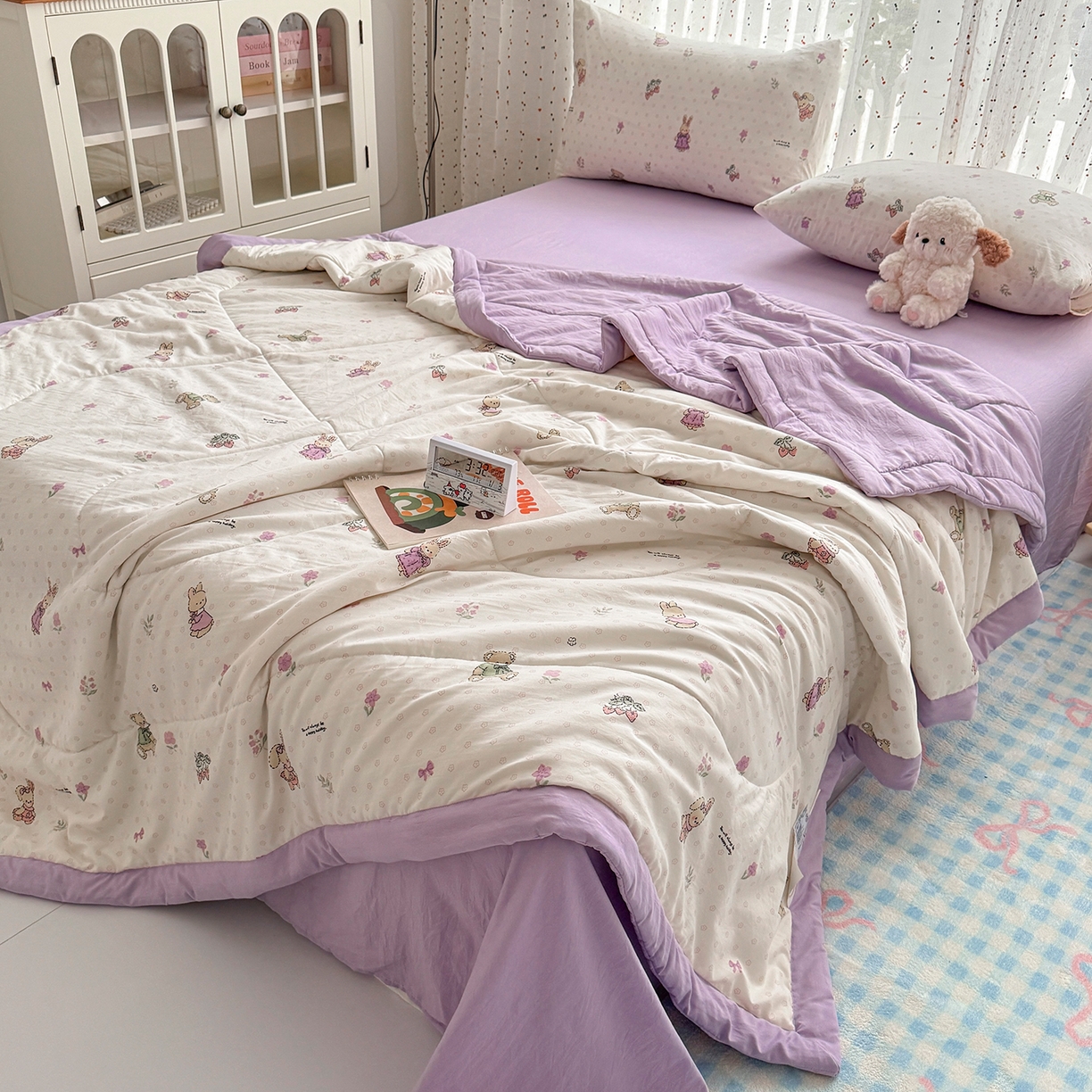 91家纺网 家纺一手货源 找家纺 尊妙被业 2026新款水洗棉棉花夏被100%新疆棉花填充包检测 萌兔小熊