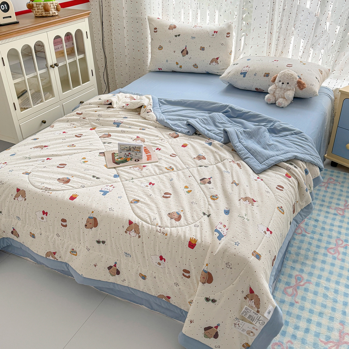 91家纺网 家纺一手货源 找家纺 尊妙被业 2026新款水洗棉棉花夏被100%新疆棉花填充包检测 萌趣小狗