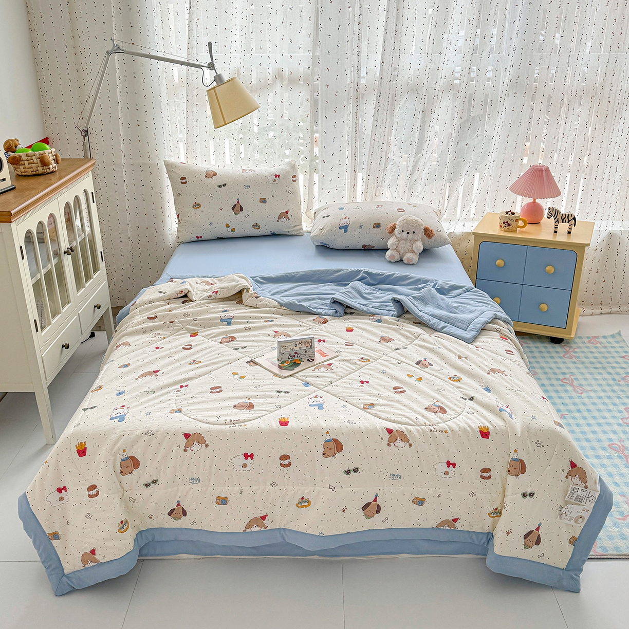 91家纺网 家纺一手货源 找家纺 尊妙被业 2026新款水洗棉棉花夏被100%新疆棉花填充包检测 萌趣小狗