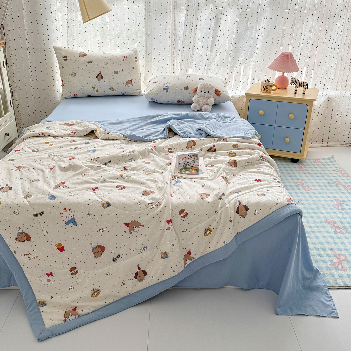 91家纺网 家纺一手货源 找家纺 尊妙被业 2026新款水洗棉棉花夏被100%新疆棉花填充包检测 萌趣小狗