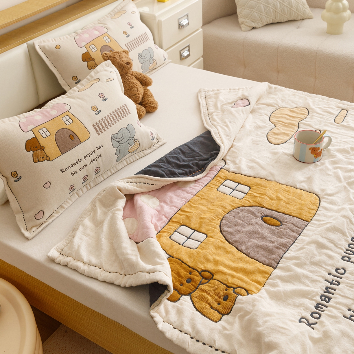 91家纺网 家纺一手货源 找家纺 悦然毛巾被 2026新款全棉纱布儿童泡泡被夏被盖毯  象伴伙伴