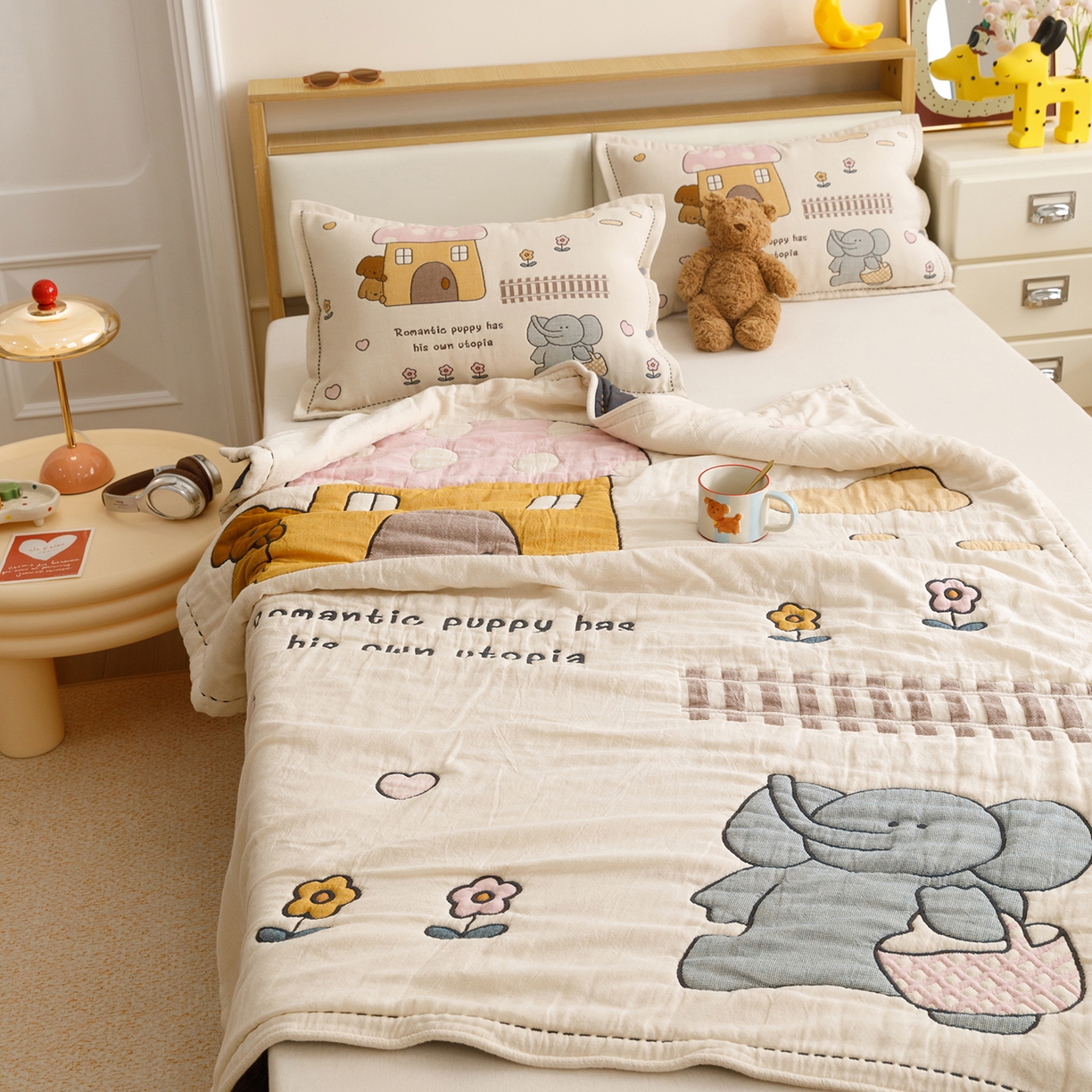 91家纺网 家纺一手货源 找家纺 悦然毛巾被 2026新款全棉纱布儿童泡泡被夏被盖毯  象伴伙伴