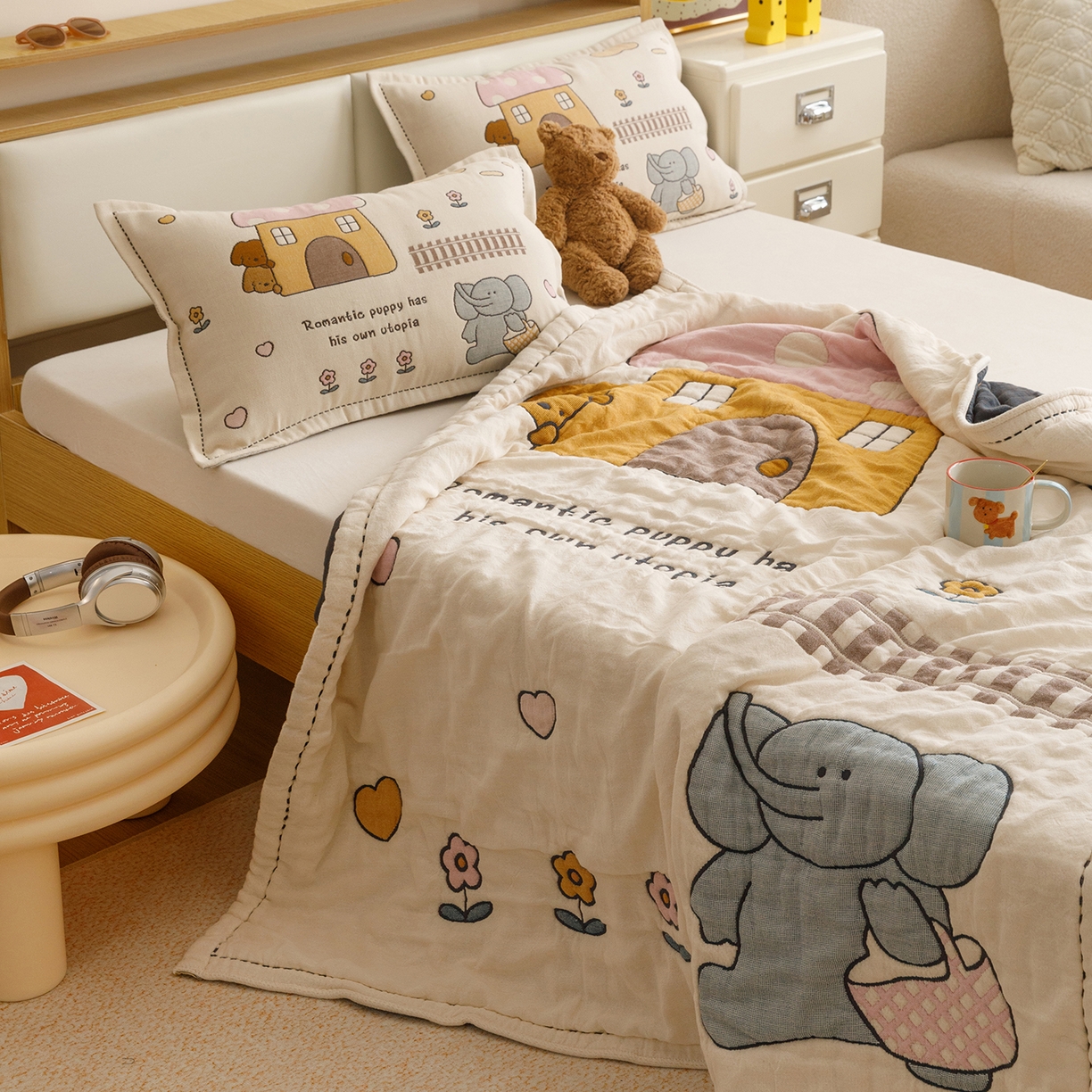 91家纺网 家纺一手货源 找家纺 悦然毛巾被 2026新款全棉纱布儿童泡泡被夏被盖毯  象伴伙伴